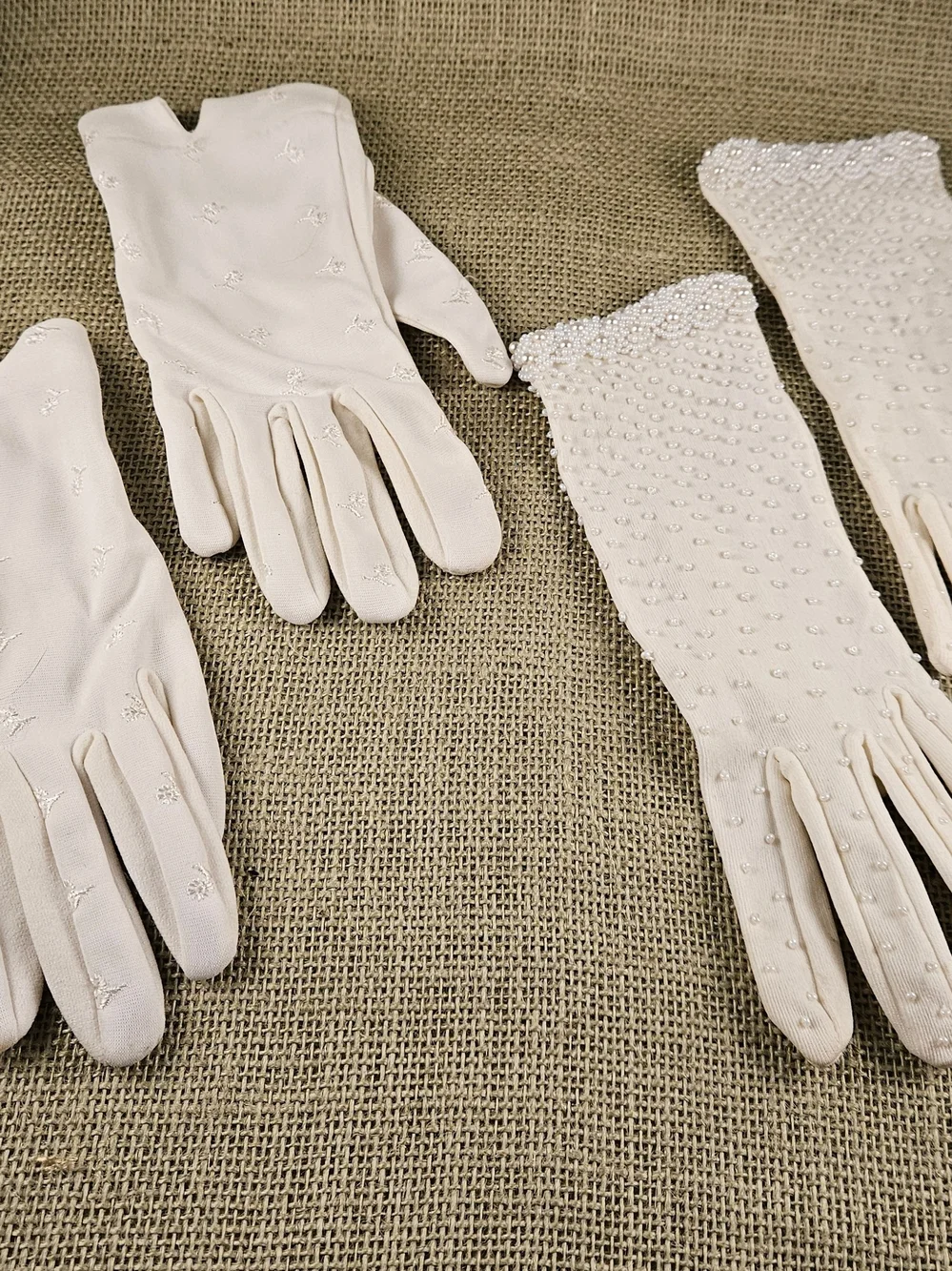Vintage Ivory Beaded and Embroidered Ladies Gloves - Set of 2 Pair